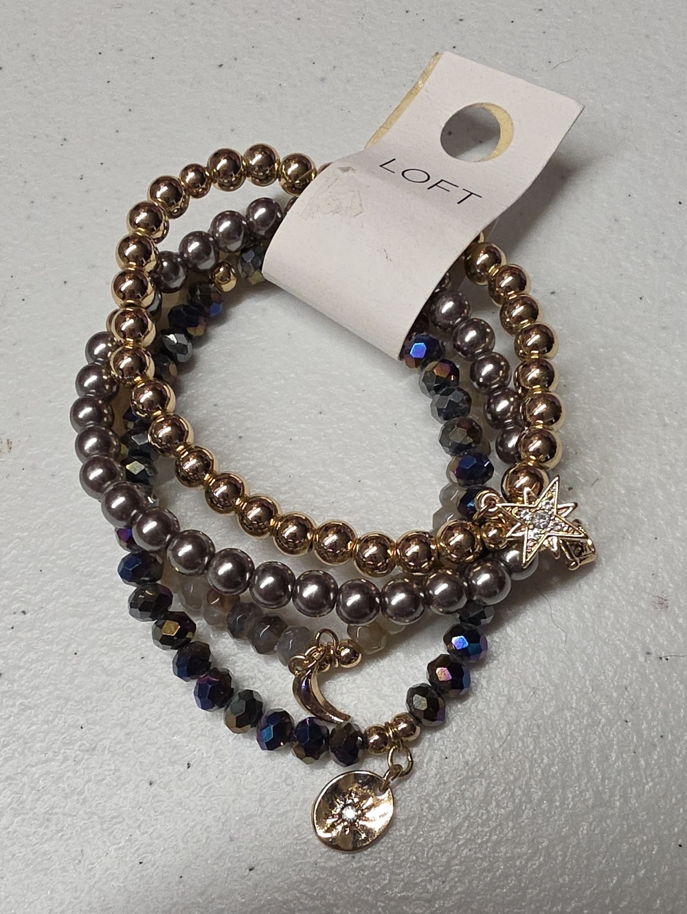 New LOFT Gold and Gunmetal Beaded Charm Bracelet Set Celestial